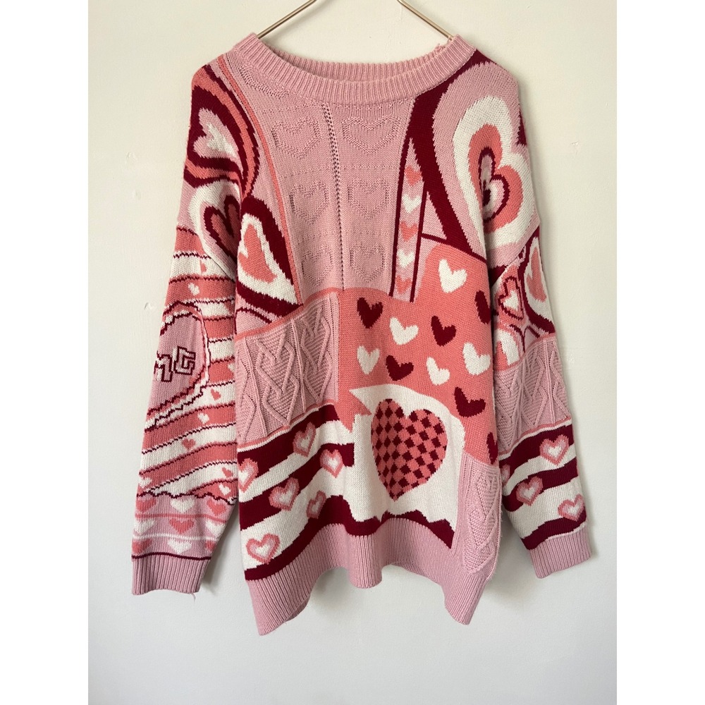 Aelfric Eden Pink Heart Patchwork Oversized Knit Sweater Romantic Cottagecore L
